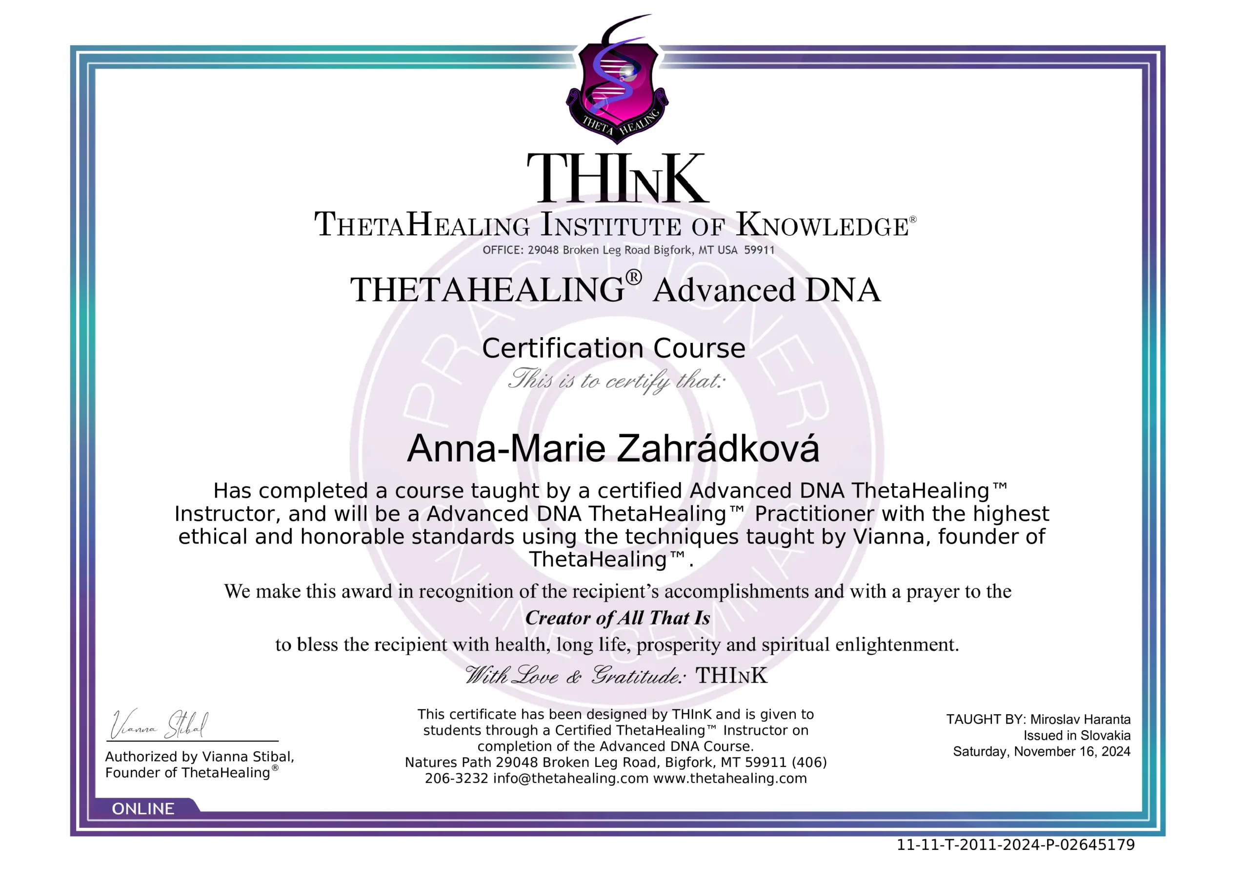 certificate Certifikát Theta healing