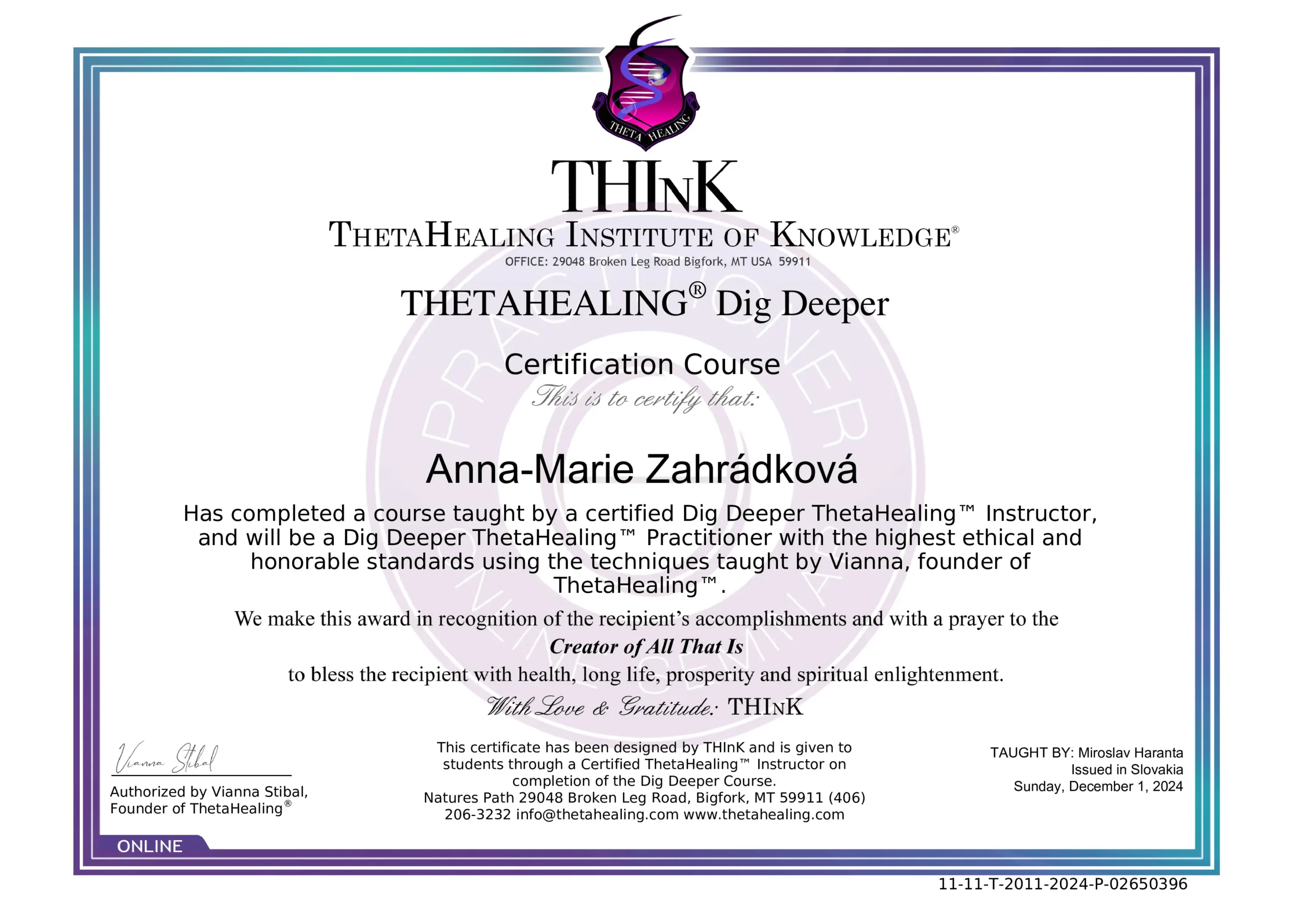 certificate Certifikát Theta healing