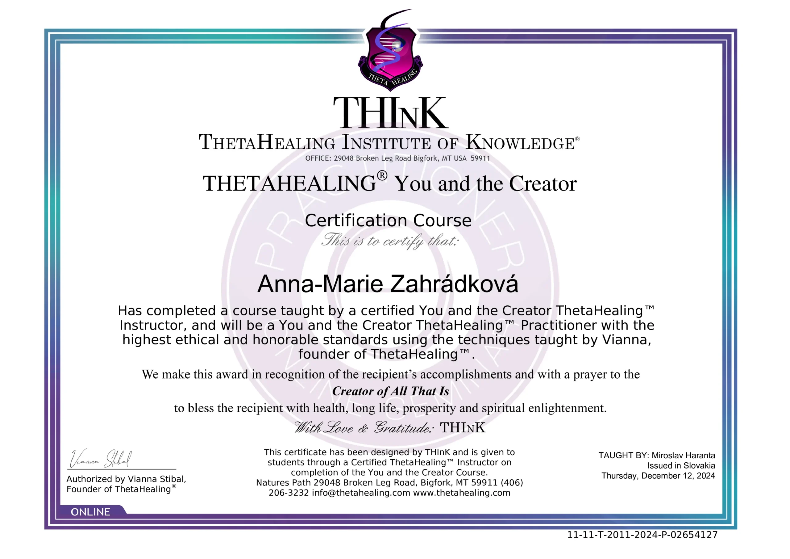 certificate Certifikát Theta healing