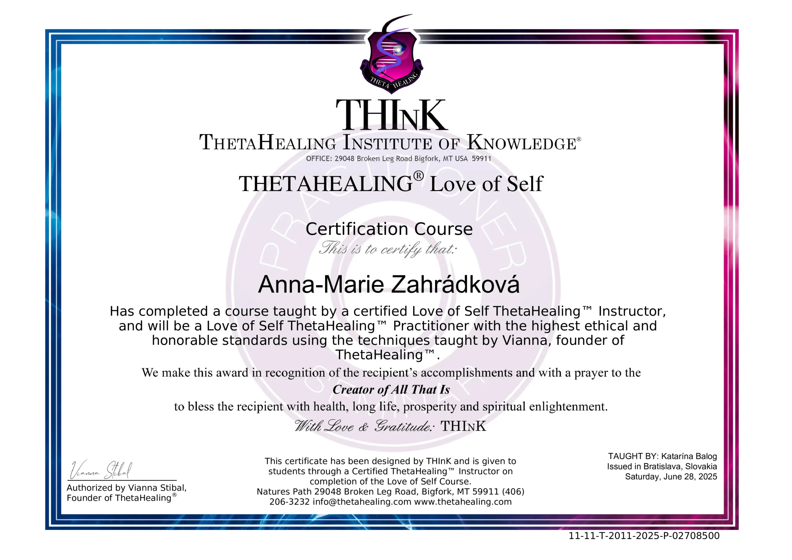 certificate Certifikát Theta healing