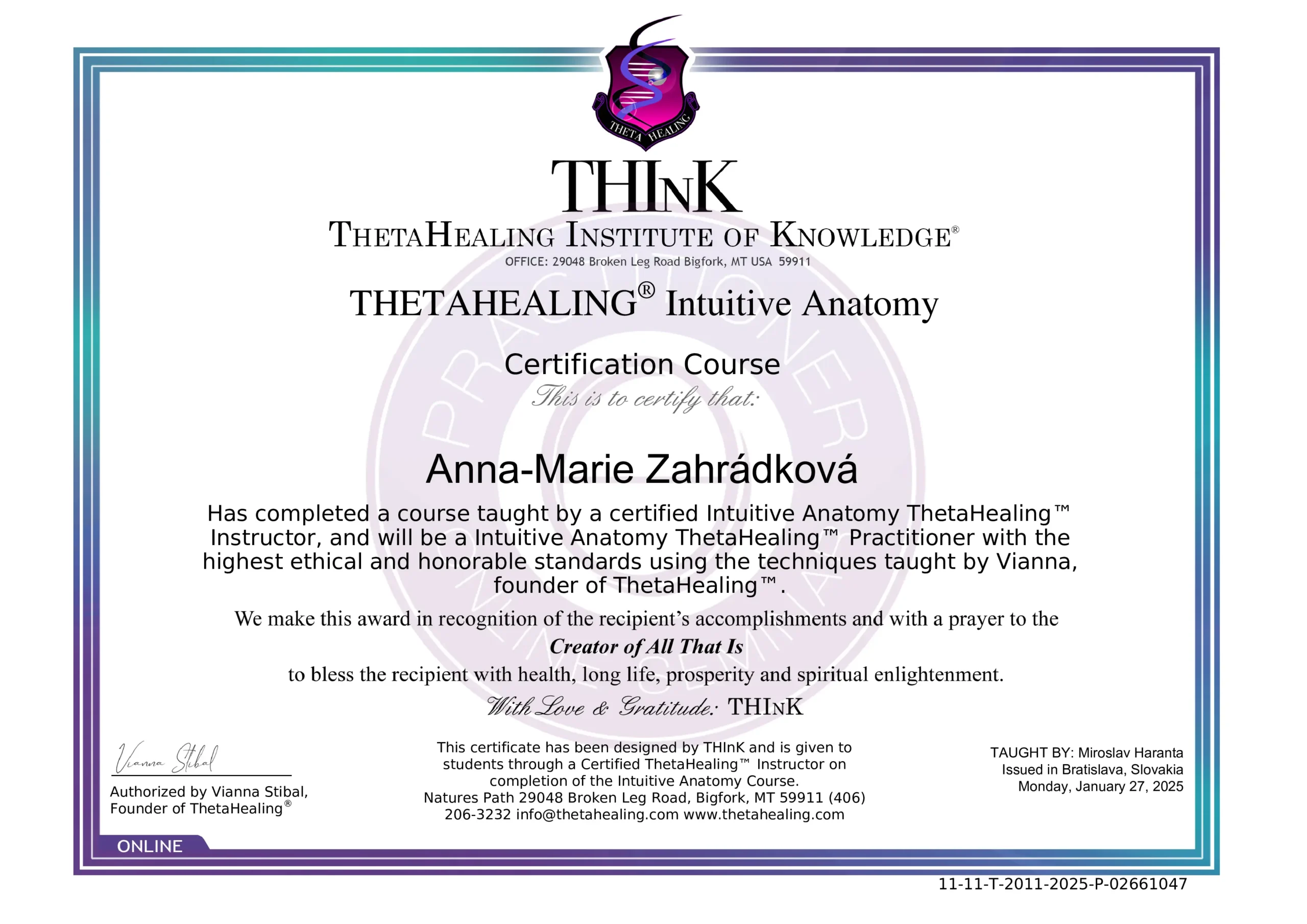 certificate Certifikát Theta healing