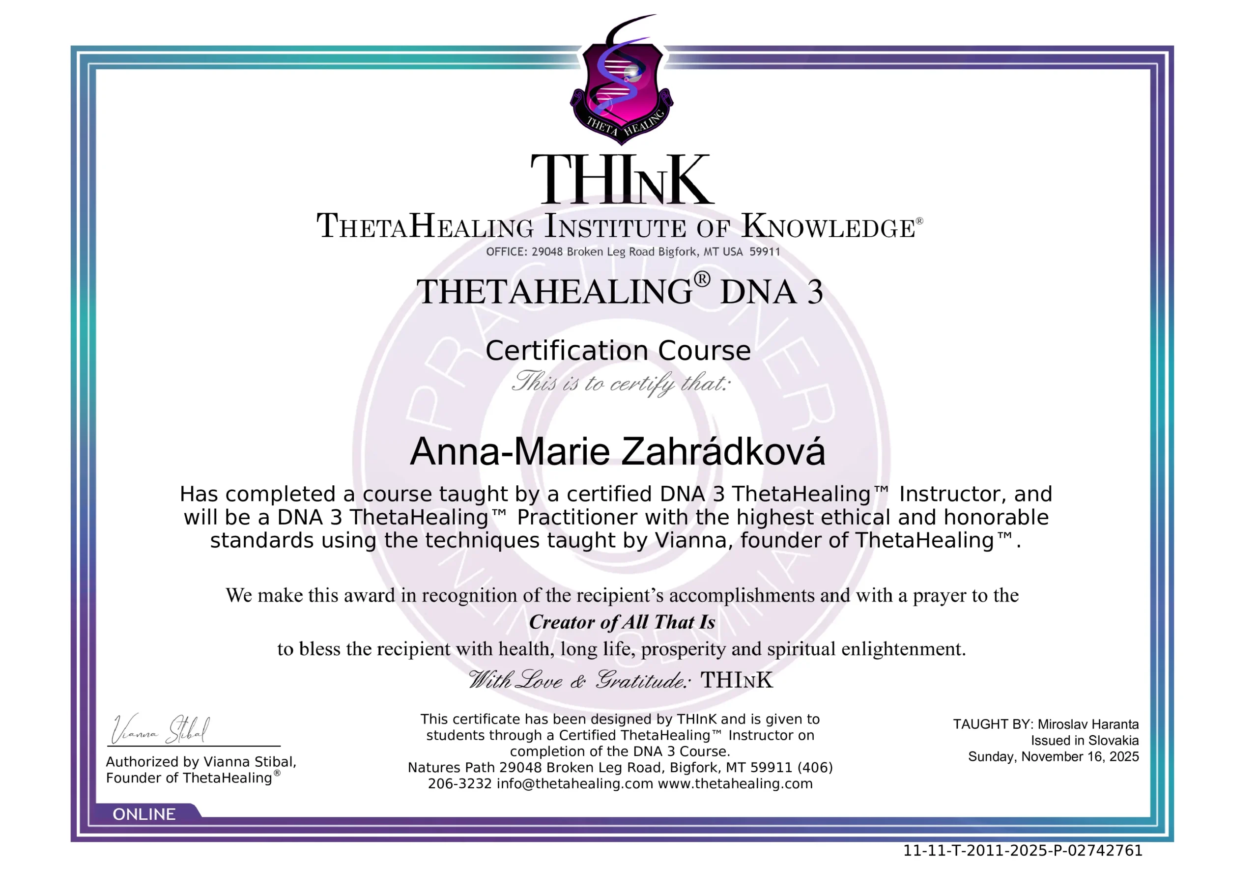 certificate Certifikát Theta healing