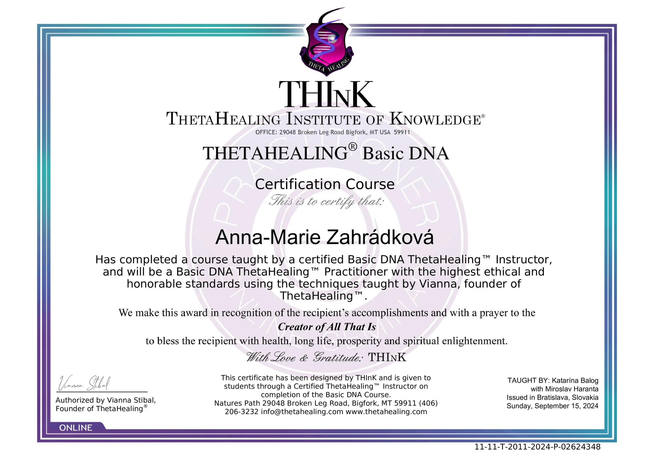 certificate Certifikát Theta healing