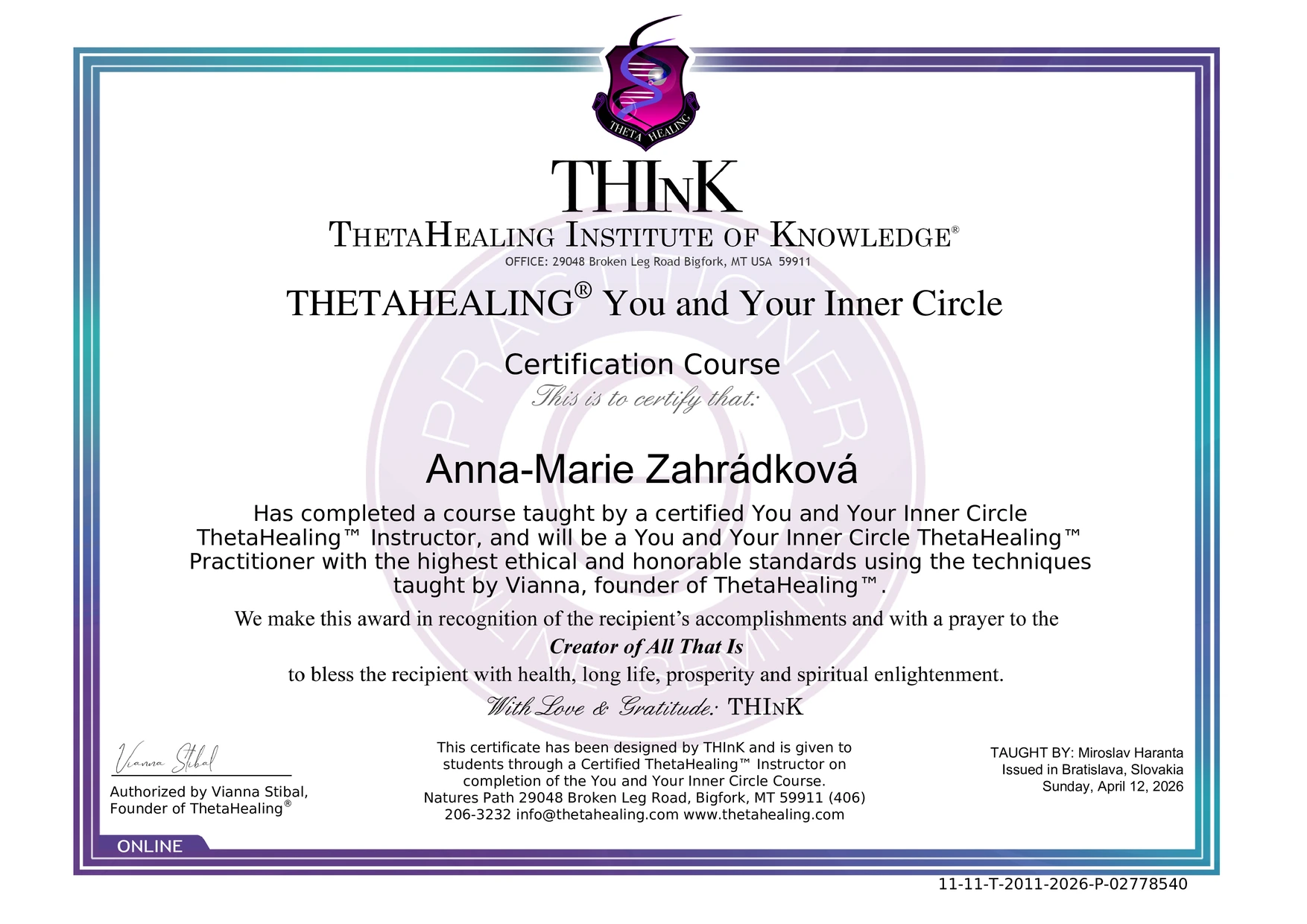 certificate Certifikát Theta healing