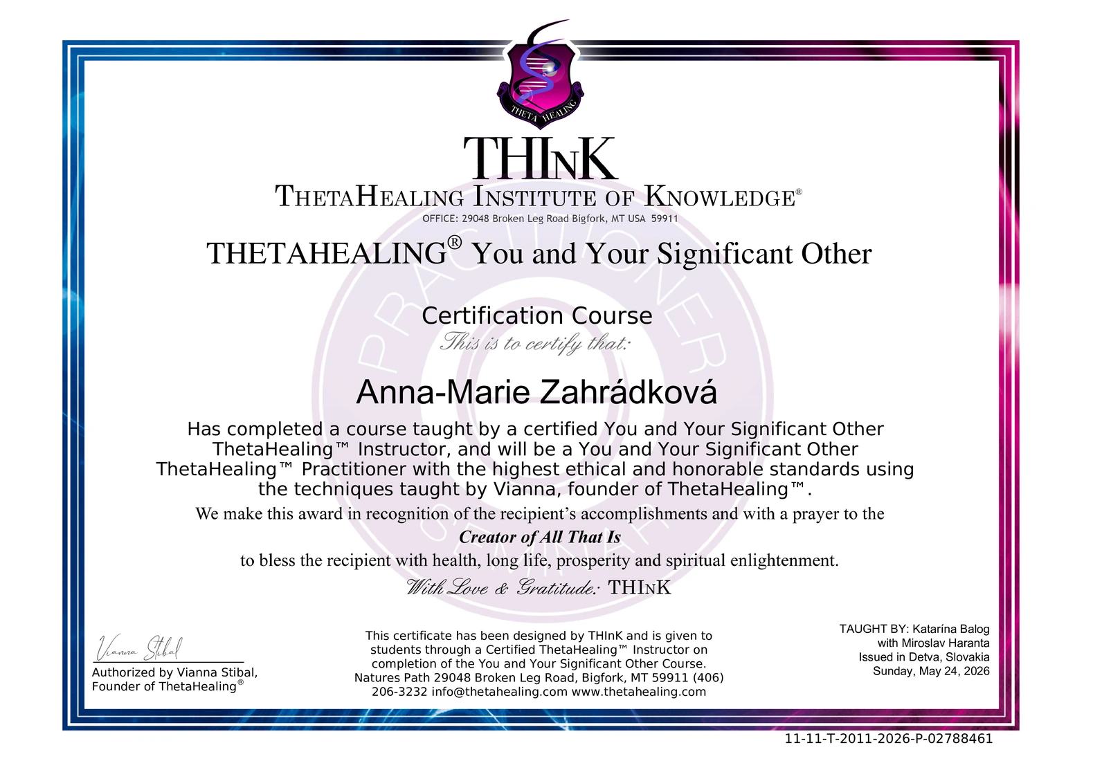 certificate Certifikát Theta healing